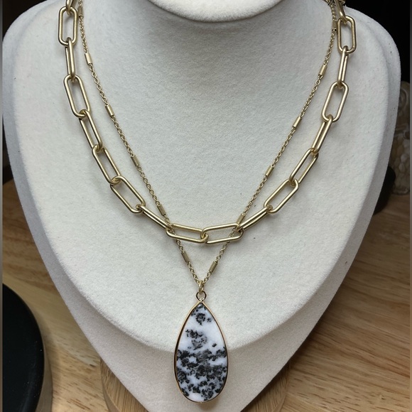 2 Layer Brass/Gold Necklace with Zebra Jasper Pendant 19” with 2” extender.🦓 - Picture 3 of 4